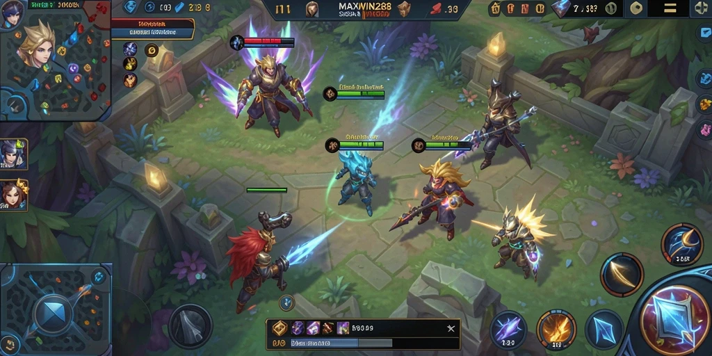 Screenshot utama dari <strong>MAXWIN288</strong> menampilkan pertempuran seru dalam gameplay MOBA.