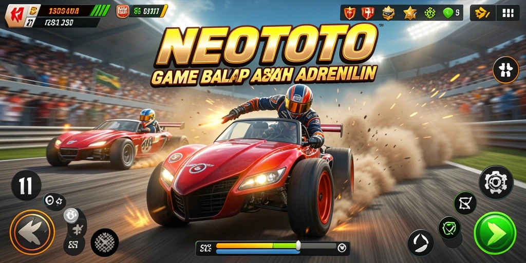 Gameplay NEOTOTO menampilkan balapan seru di trek dengan grafis menakjubkan.