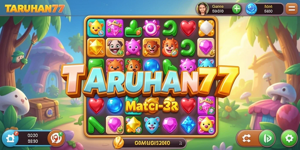 Screenshot gameplay TARUHAN77 menunjukkan suasana meriah dan tantangan Match-3.